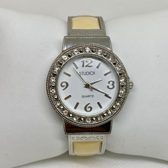 Studio women watch silver tone 32mm round quartz analog cuff bracelet running - Picture 1 of 6